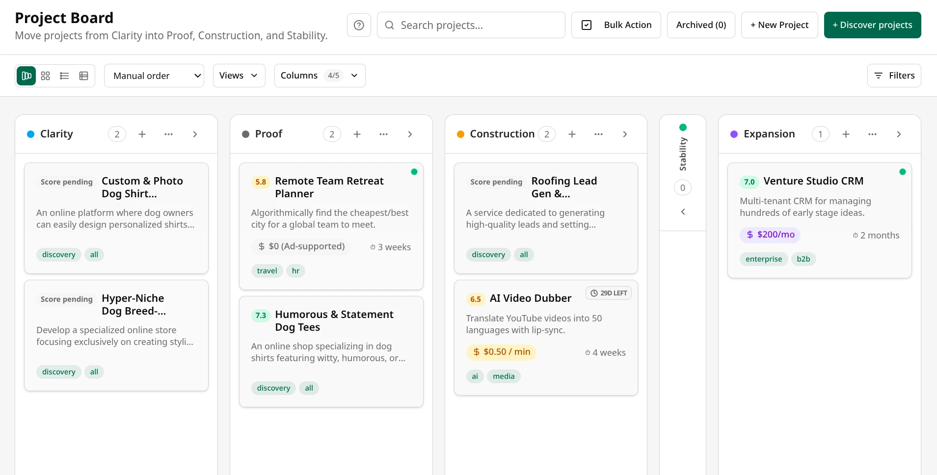 Foundaro Development dashboard showing project execution across the framework