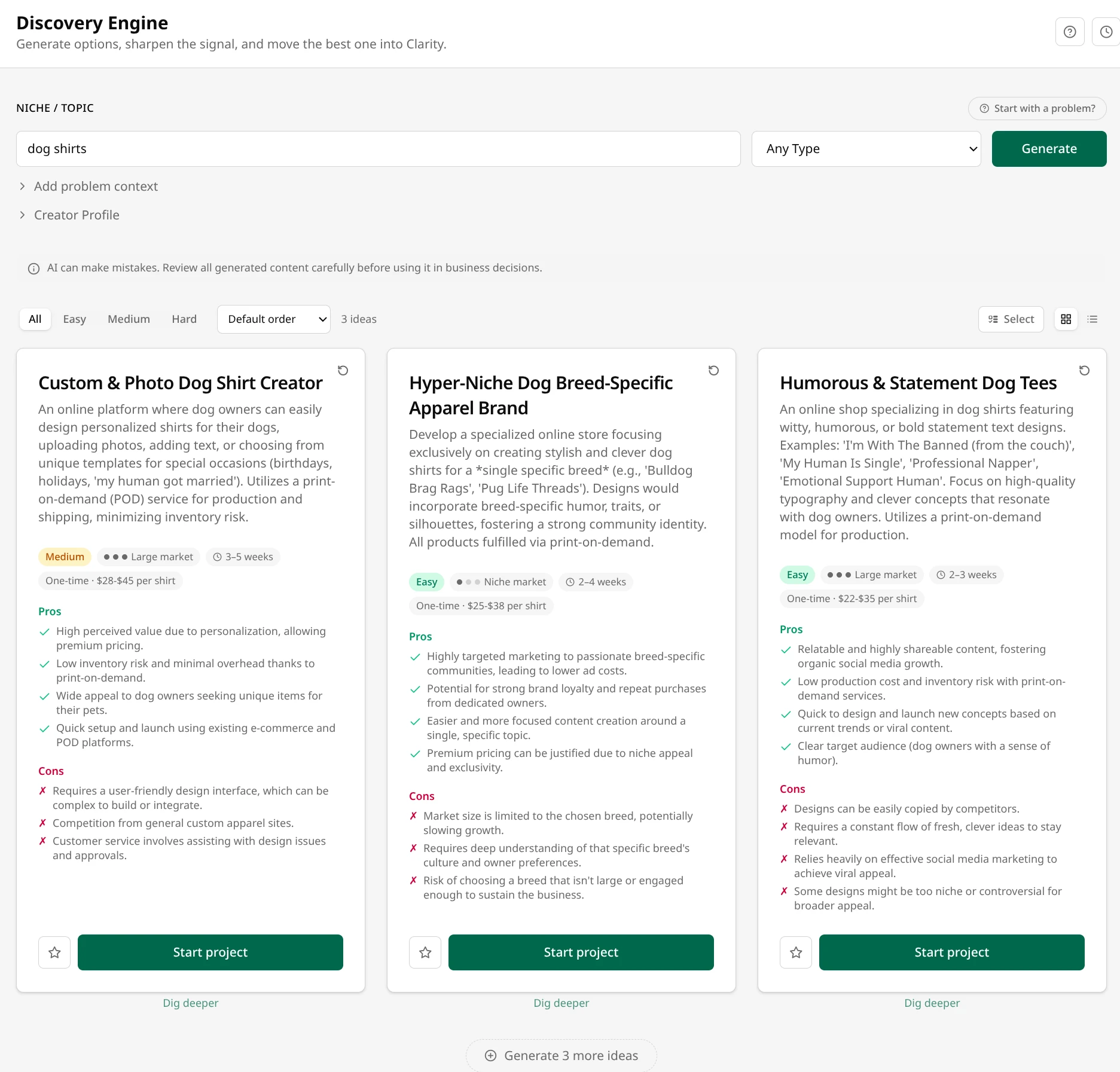 Foundaro Discovery Engine showing AI-generated business ideas and exploration results